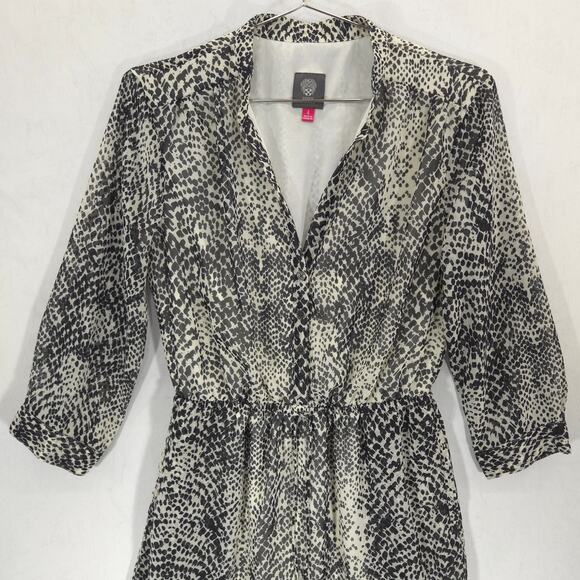 Vince Camuto Dress Womens 4 Gray Geometric Ruched Waist Tie Front Button Lined - Picture 2 of 13